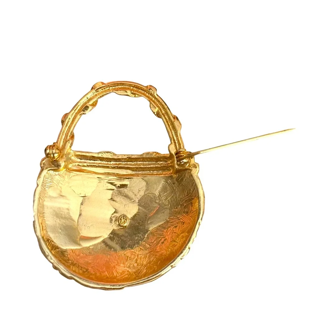 Vintage Basket Purse Brooch‎ Unknown Signed Costume Jewelry